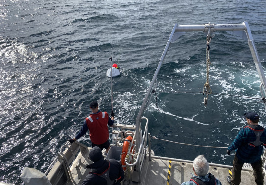 A floating white reflector a slightly smaller fluorescent pink bouy in the sea, seen from a ship just off its stern. Four people can be seen from behind looking towards the reflector, one is holding a boat hook.