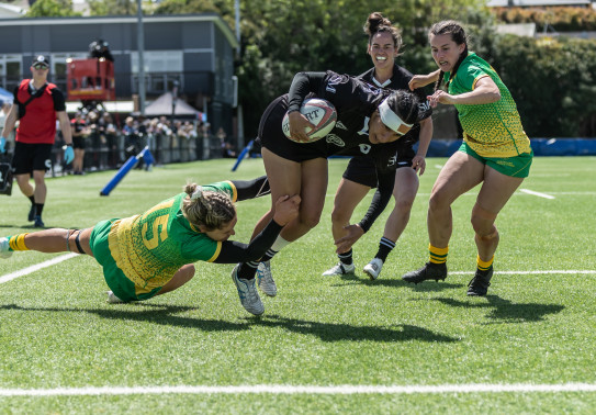 Deena Puketapu with captain Hayley Hutana in support scores a try in the semi-final game against Australia as the Defence Ferns secure a spot to play in the final of the IDRC